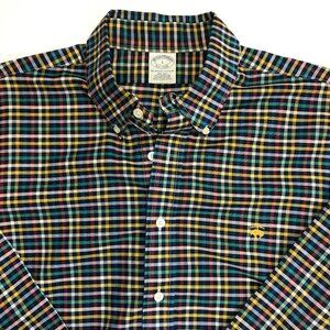 Brooks Brothers Men Large Cotton Red Multi-Color Plaid Logo Shirt